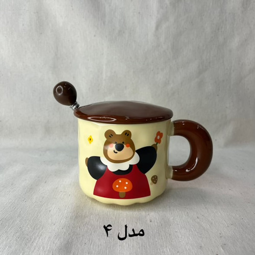 ماگ درب دار قاشق دار دسته گرد خرس قهوه ای