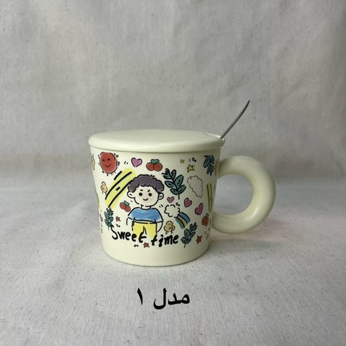 ماگ درب دار قاشق دار سرامیکی رنگین کمان