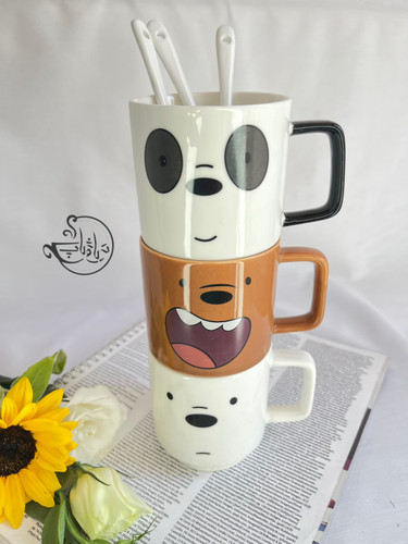 پک سه تایی ماگ کله فندوقی سرامیکی با قاشق ۰۰۳۲